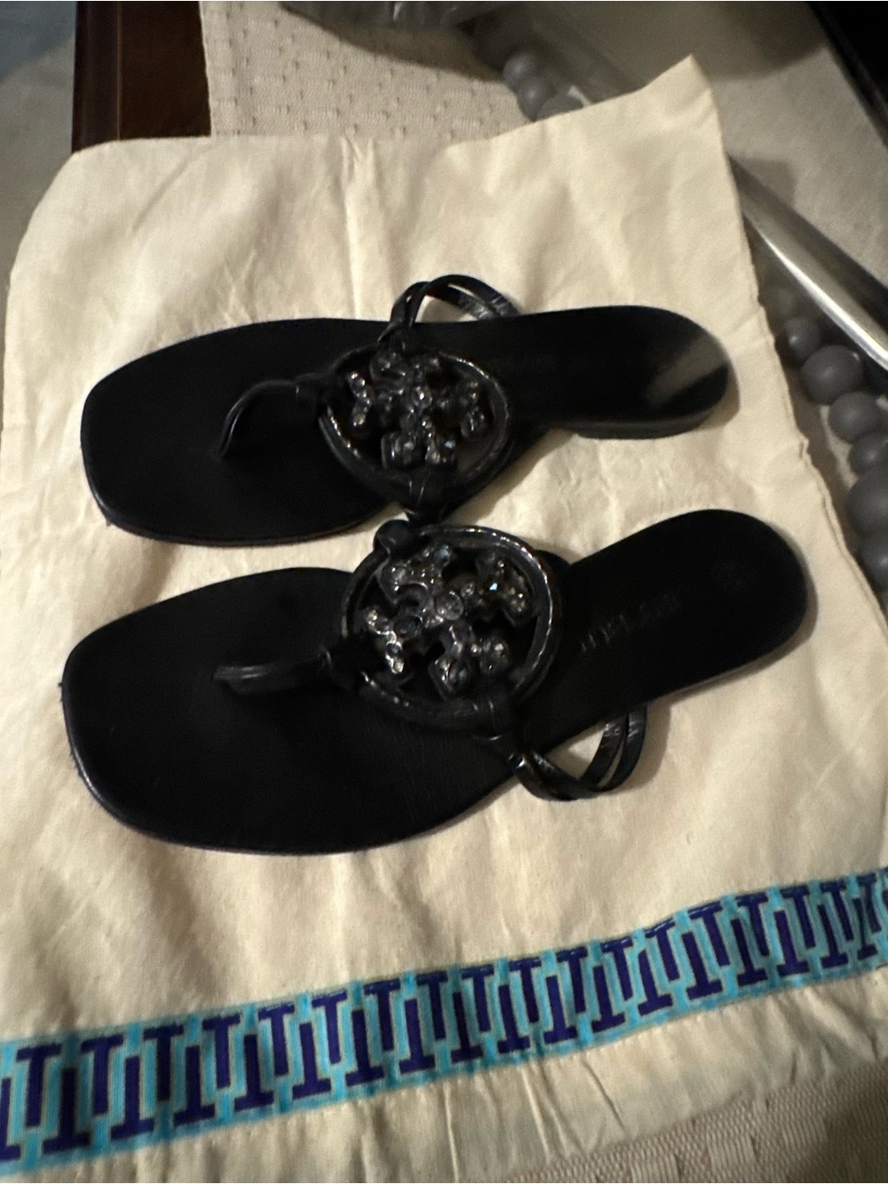 Tory Burch Black Patent Logo Thong Sandals with Crystal Accents